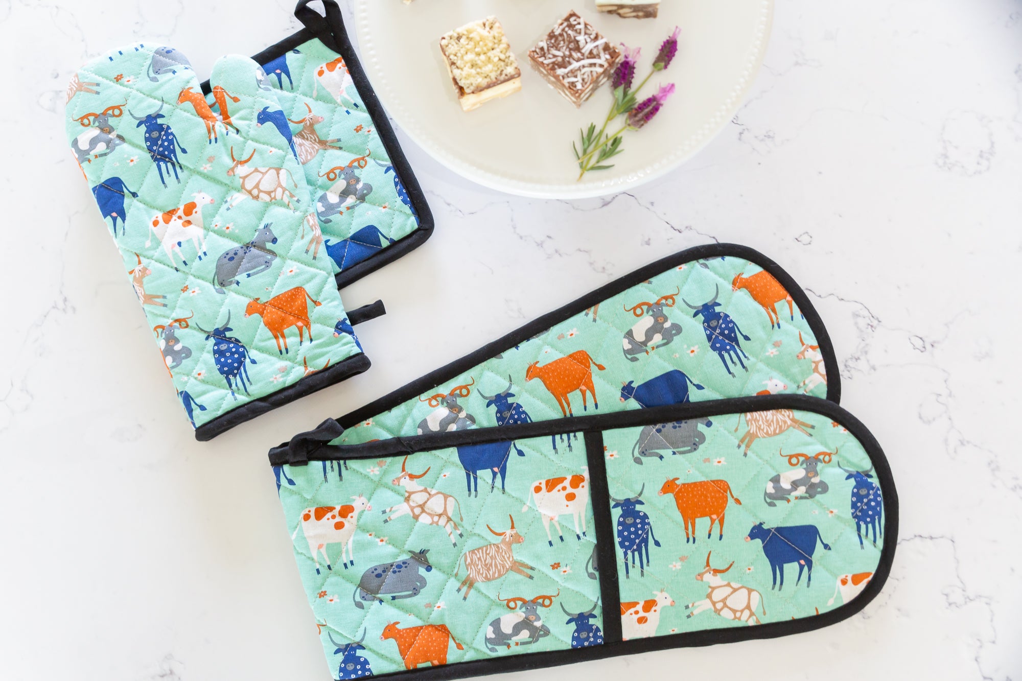 Double Oven Glove - Green Cow