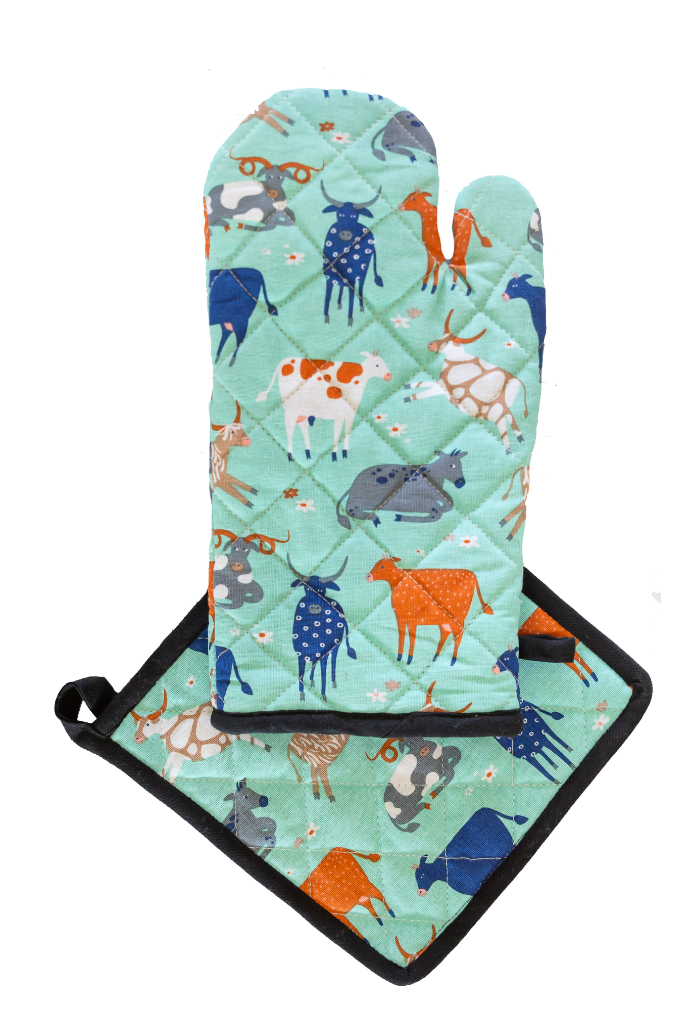 Oven Glove & Pot Holder Set - Green Cow