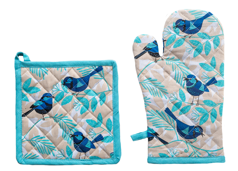 Oven Glove & Pot Holder Set - Blue Wren