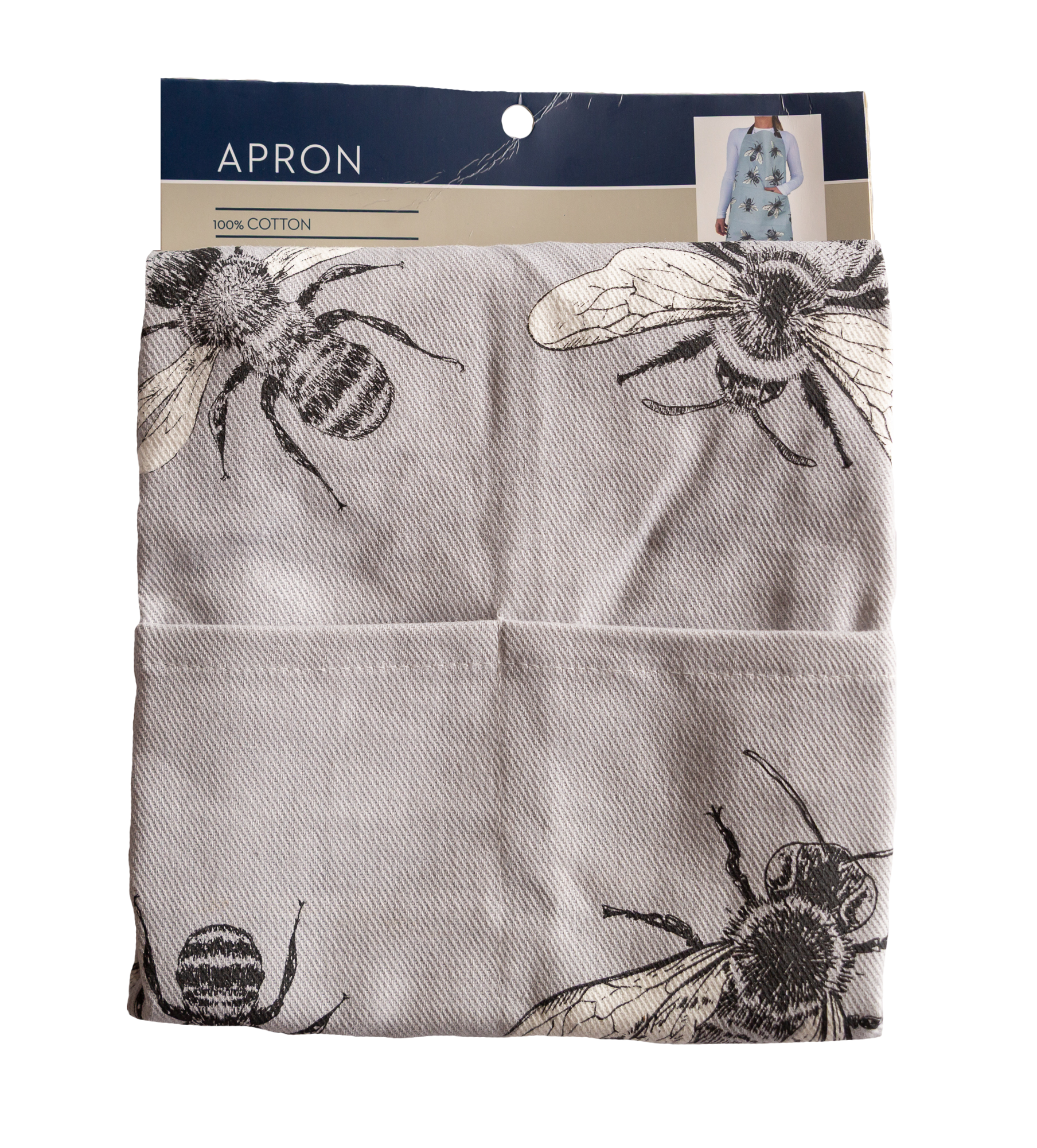 A packaged cotton apron with a beige background and black bee illustrations, shown with its header card on a white background.