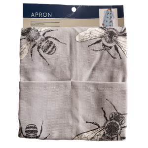 A packaged cotton apron with a beige background and black bee illustrations, shown with its header card on a white background.