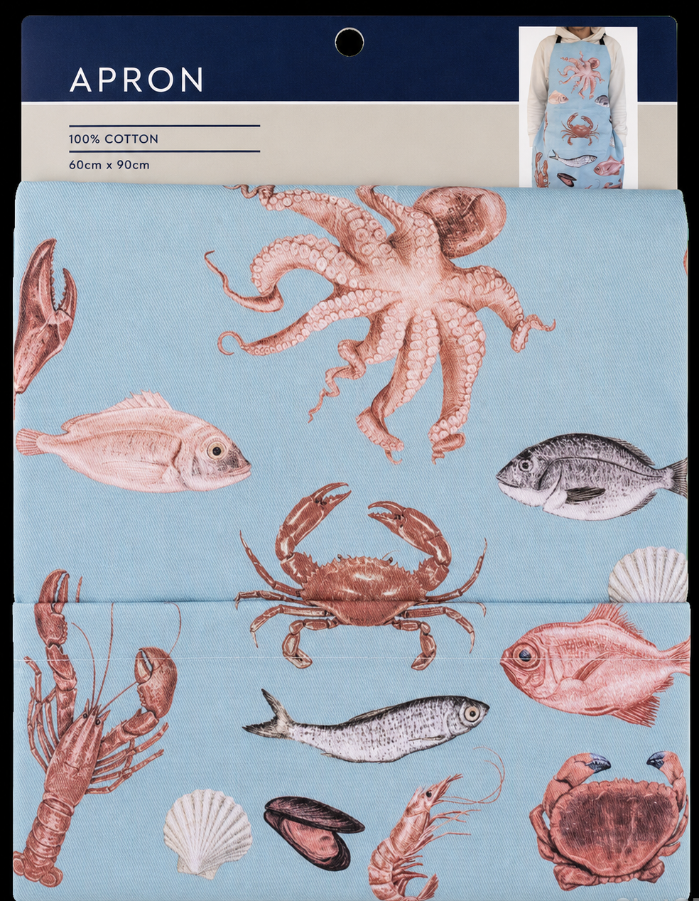 close up of blue fishermans design apron with header card