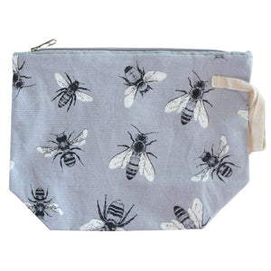 Allgifts Australia grey cotton cosmetic toiletry bag featuring a black and white sketch bee pattern and PVC lining.
