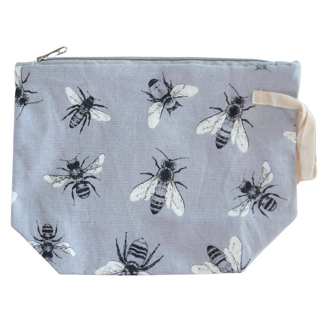 Allgifts Australia grey cotton cosmetic toiletry bag featuring a black and white sketch bee pattern and PVC lining.