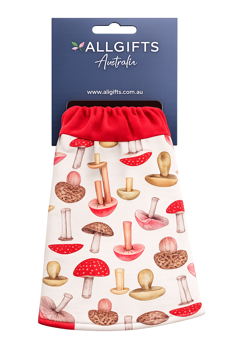 red gardening gloves hanging on display packaging with mushroom pattern
