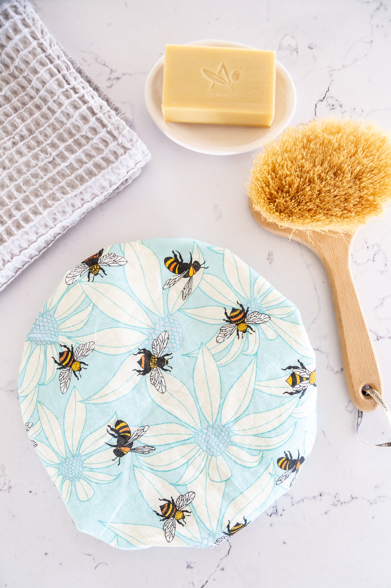 Linen Shower Cap - Flower Bees