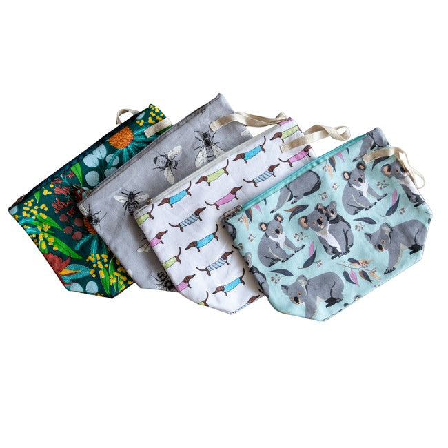 Allgifts Australia collection of four patterned cotton cosmetic bags with PVC lining and zip closures.